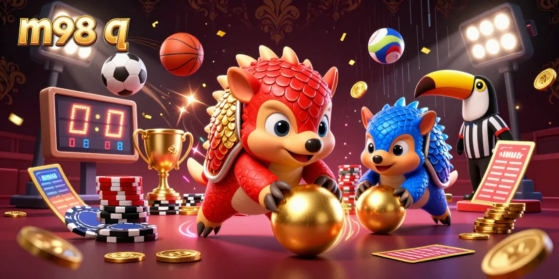 Bowling pangolins engage with golden chips, showcasing m98 q in a vibrant casino scene.