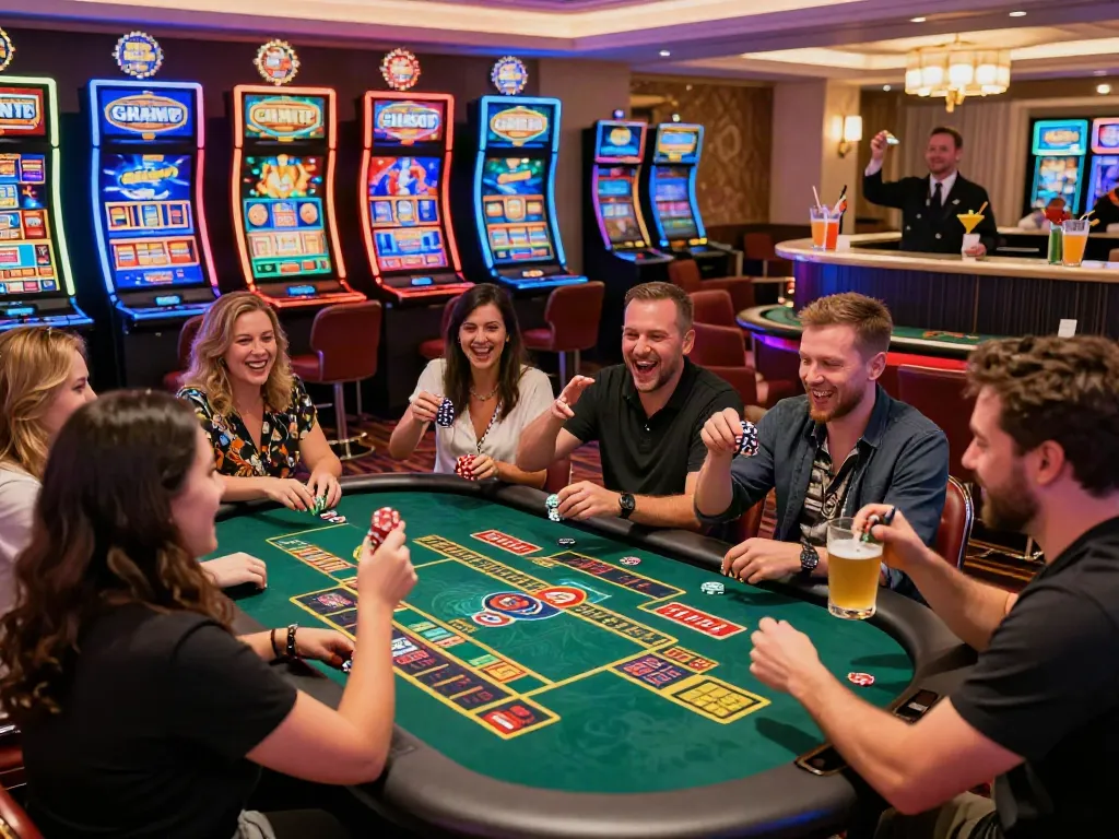 Engaging players at a lively non gamstop casino celebrating wins with colorful gaming tables.