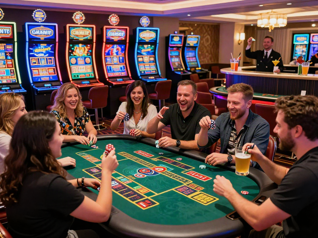 Engaging players at a lively non gamstop casino celebrating wins with colorful gaming tables.