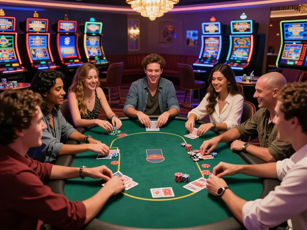 Thrilling atmosphere of a non gamstop casino night with friends at a poker table.