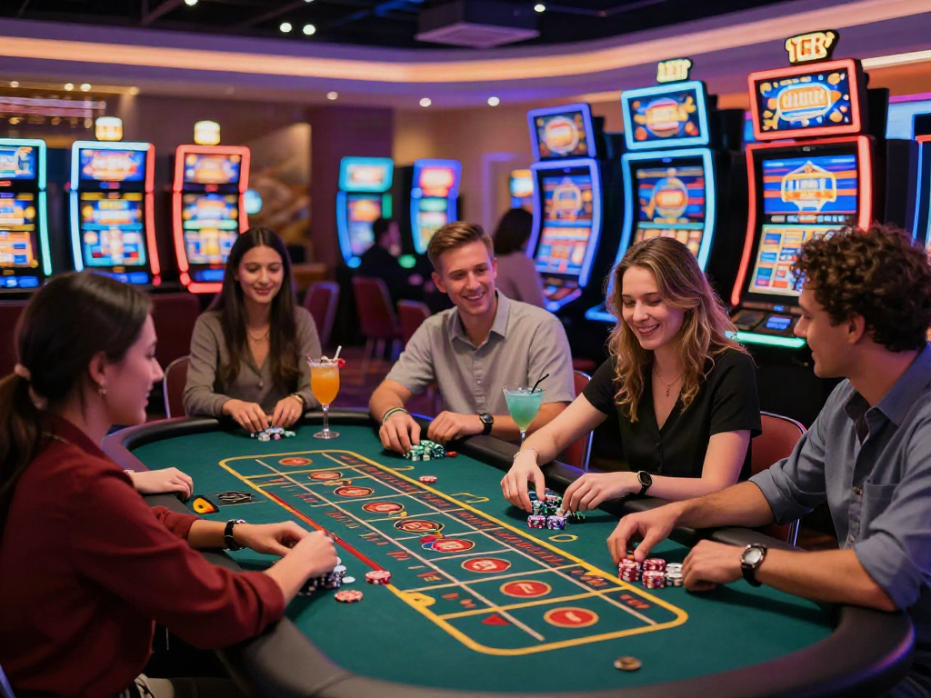 Players engaging in games at a lively non Gamstop casino, showcasing excitement and vibrant atmosphere.