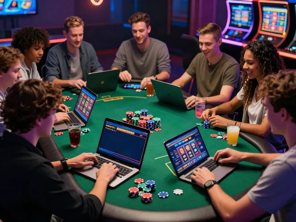 Friends enjoying digital games at a non Gamstop casino with vibrant atmosphere.