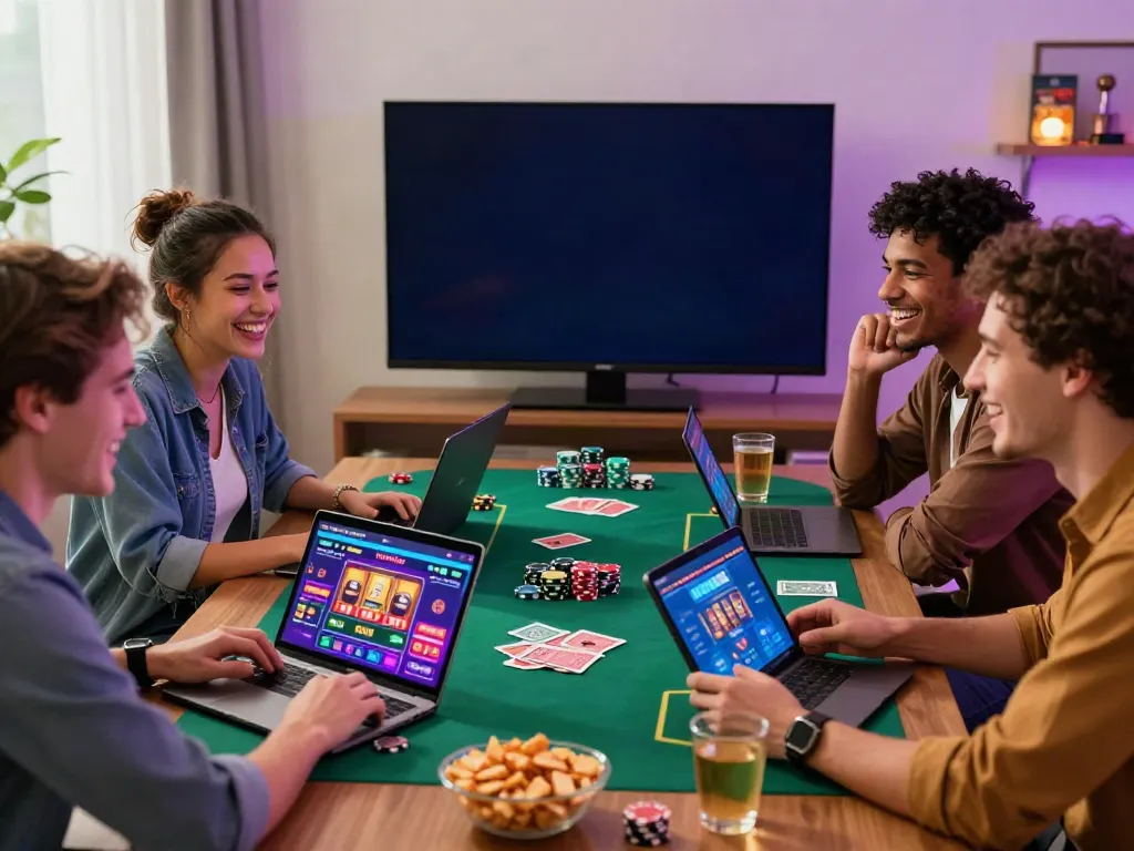 Friends enjoying a game night exploring non Gamstop casino options at home with laptops and snacks.