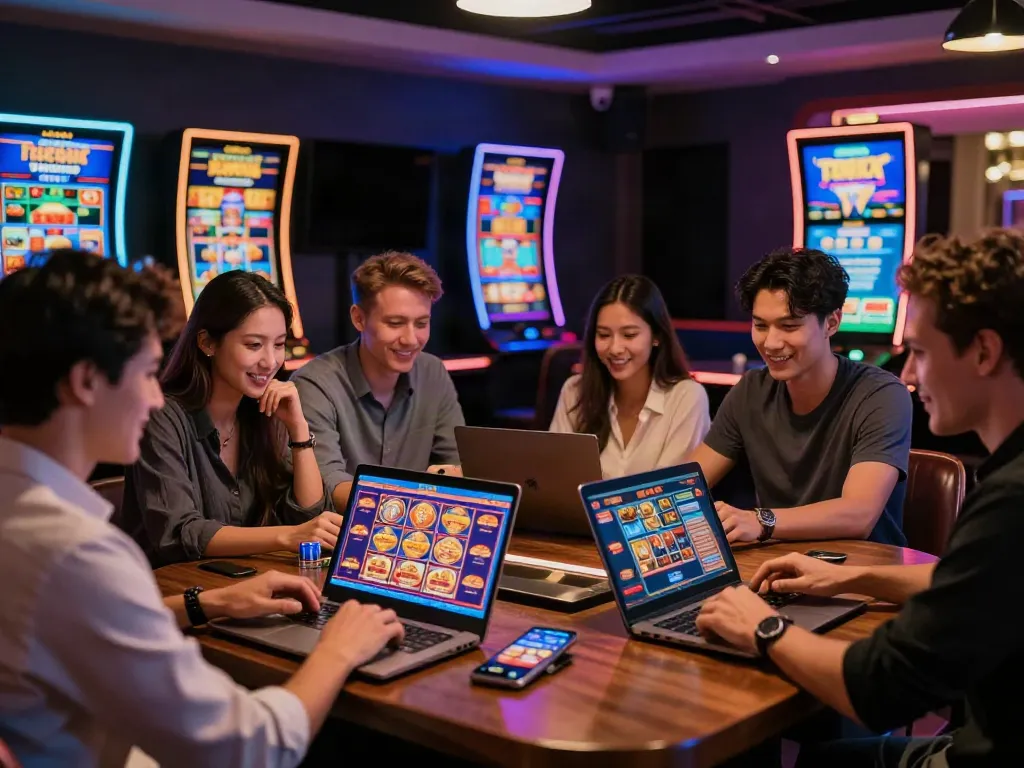 Players enjoying non GamStop casino games in an inviting bar atmosphere, showcasing excitement and modern gambling.