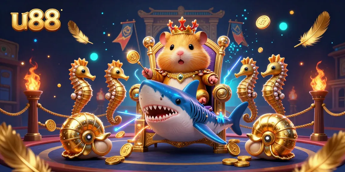 Engage in exhilarating gameplay at u88 with a vibrant 3D casino scene featuring a golden hamster king and seahorse guards.