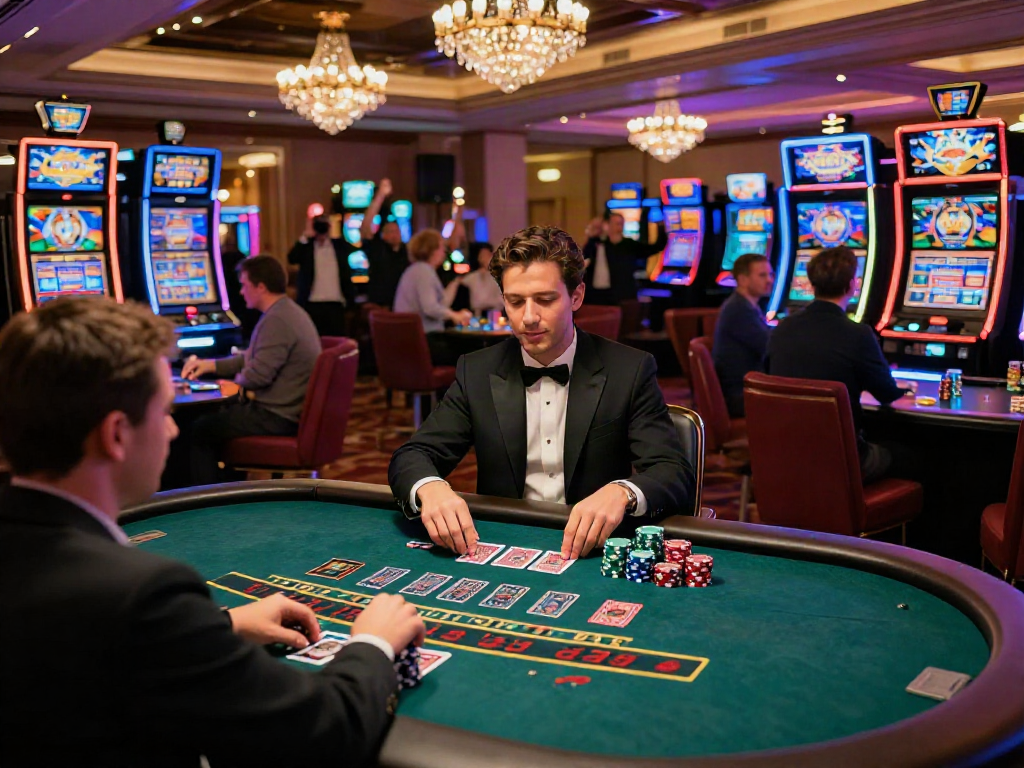 Player enjoying a game at a non Gamstop casino, vibrant atmosphere with slot machines and neon lights.