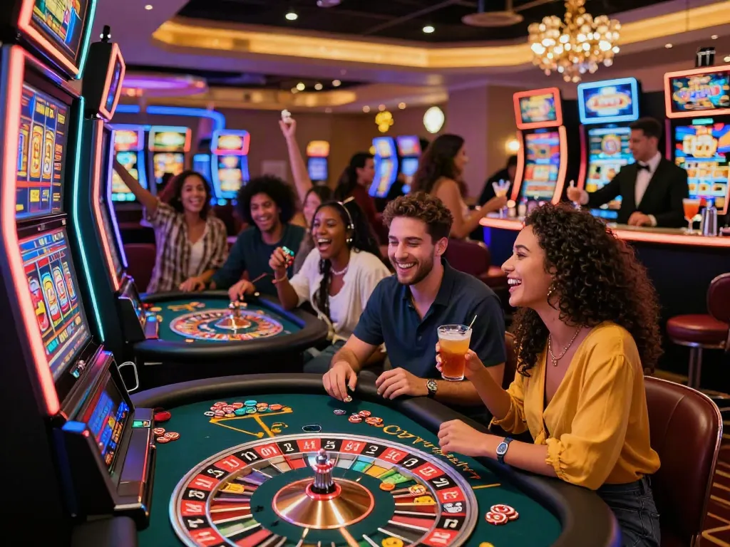 Friends celebrating a win at a non gamstop casino, enjoying vibrant nightlife and gaming excitement.