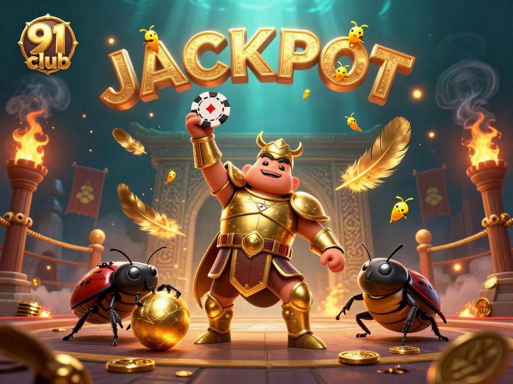 Experience the excitement of 91 club with a victory scene featuring themed characters and casino elements.