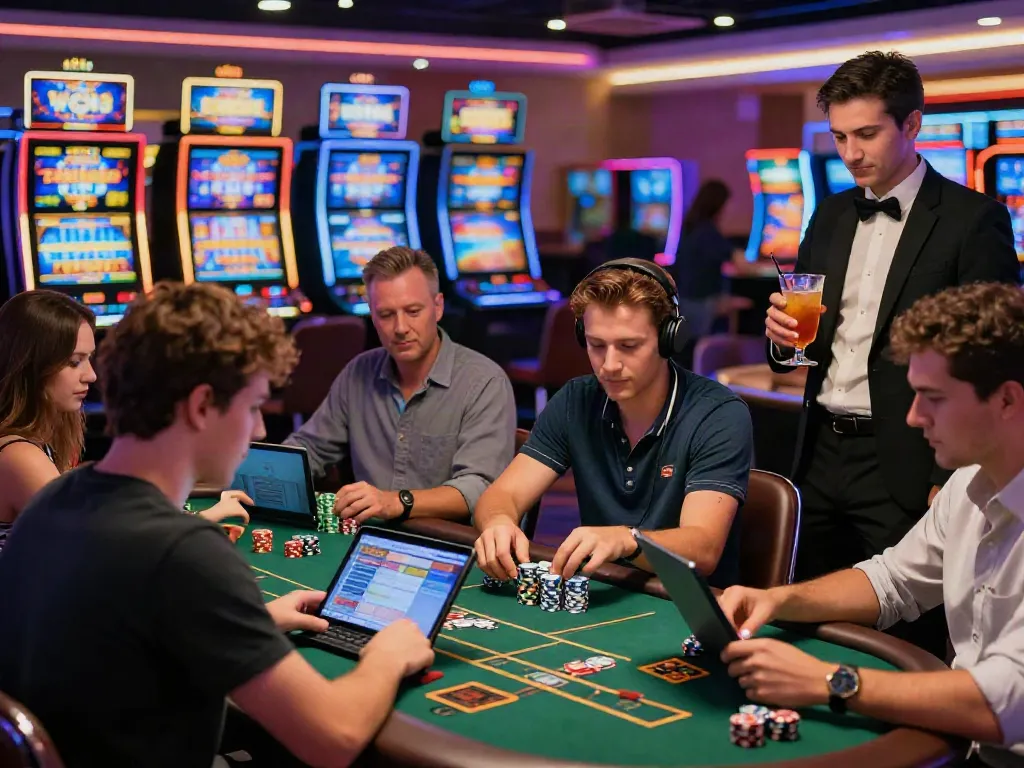 Excited players enjoying games at a non gamstop casino, vibrant atmosphere with neon lights and lively interaction.