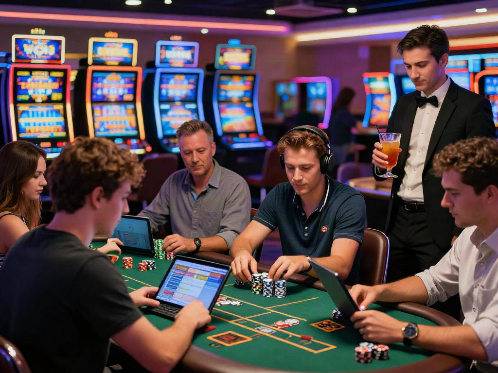 Excited players enjoying games at a non gamstop casino, vibrant atmosphere with neon lights and lively interaction.