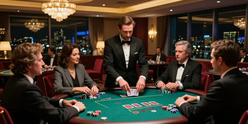 Vibrant non Gamstop casino environment with players engaged at a blackjack table.