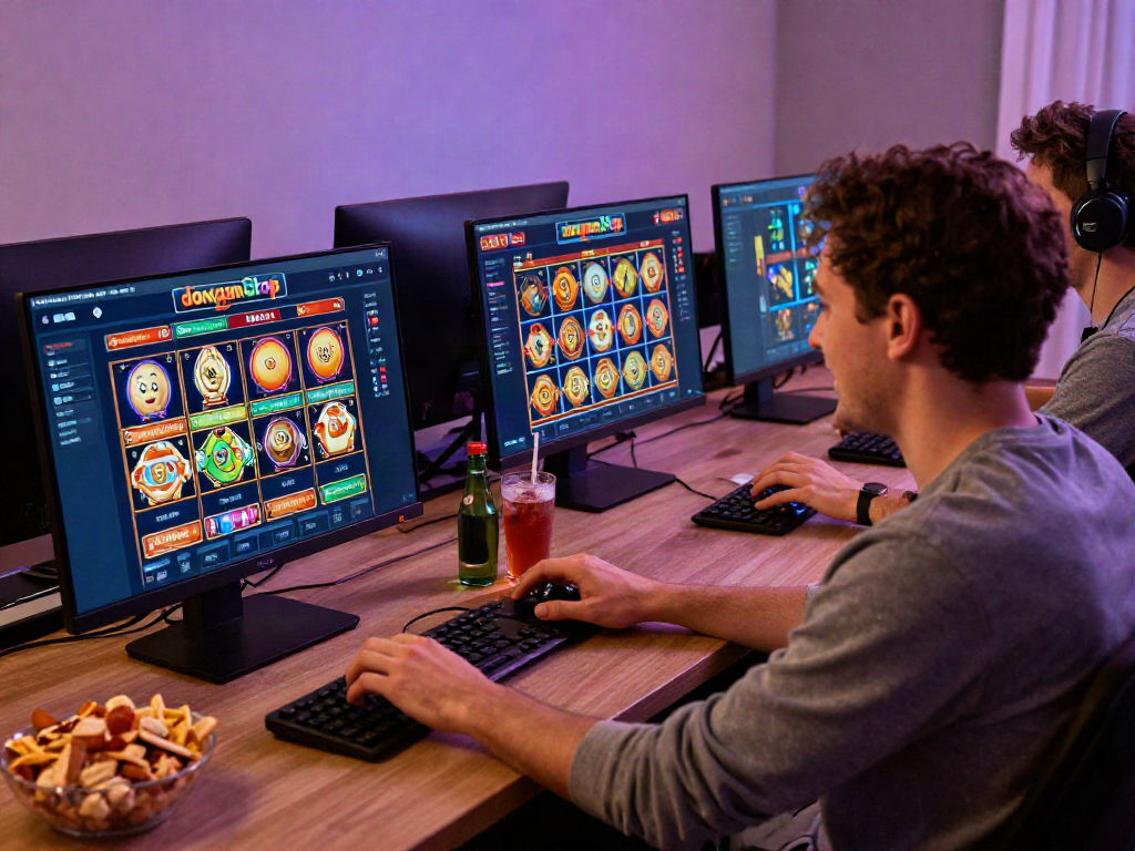 Engaging non gamstop casino gaming scene with a player enjoying a vibrant online slot game.
