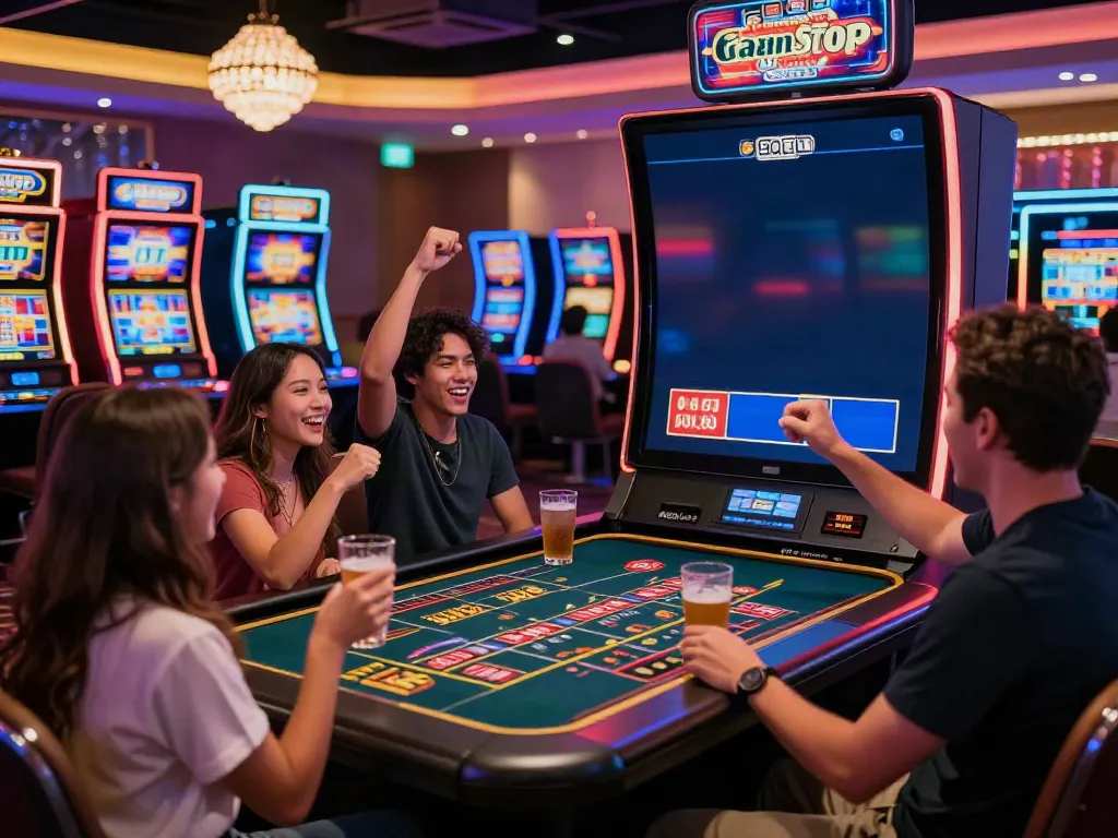 Exciting gaming experience at a non GamStop casino with diverse players celebrating wins.