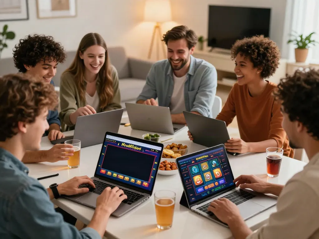 Friends enjoying gameplay at a non GamStop casino on a laptop