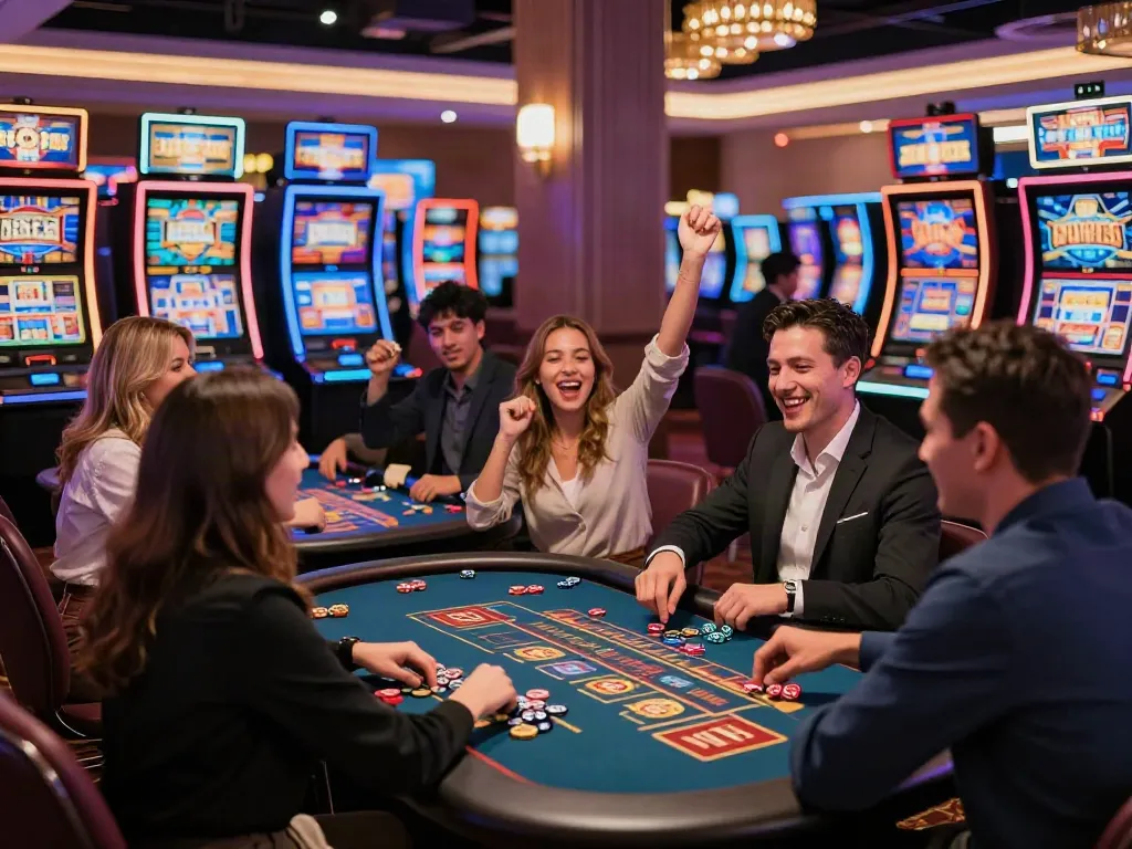 Players celebrating wins at a non gamstop casino with vibrant tables and colorful slot machines.