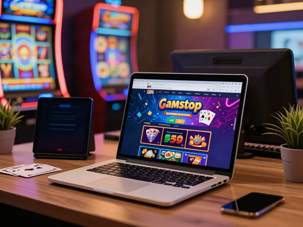 Engaging non Gamstop casino website displayed on a laptop in a vibrant digital environment.