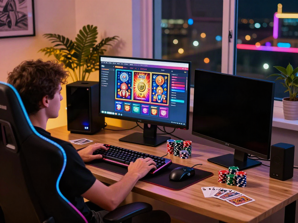 Engaging scene of a stylish home office with a non gamstop casino setup, showcasing vibrant games and cozy atmosphere.