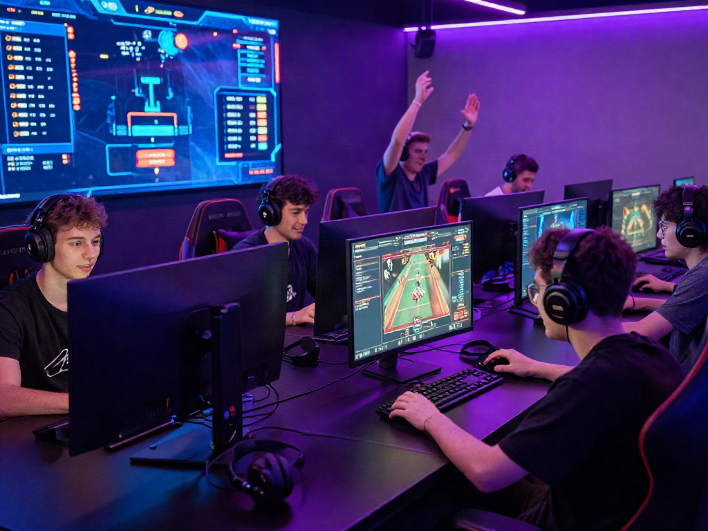 Exciting scene of players engaged in non Gamstop casino games at a modern esports lounge.