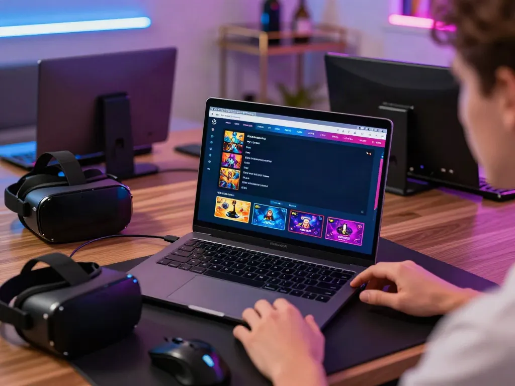 Engaging gameplay at a non Gamstop casino on a modern laptop in a vibrant home setting.