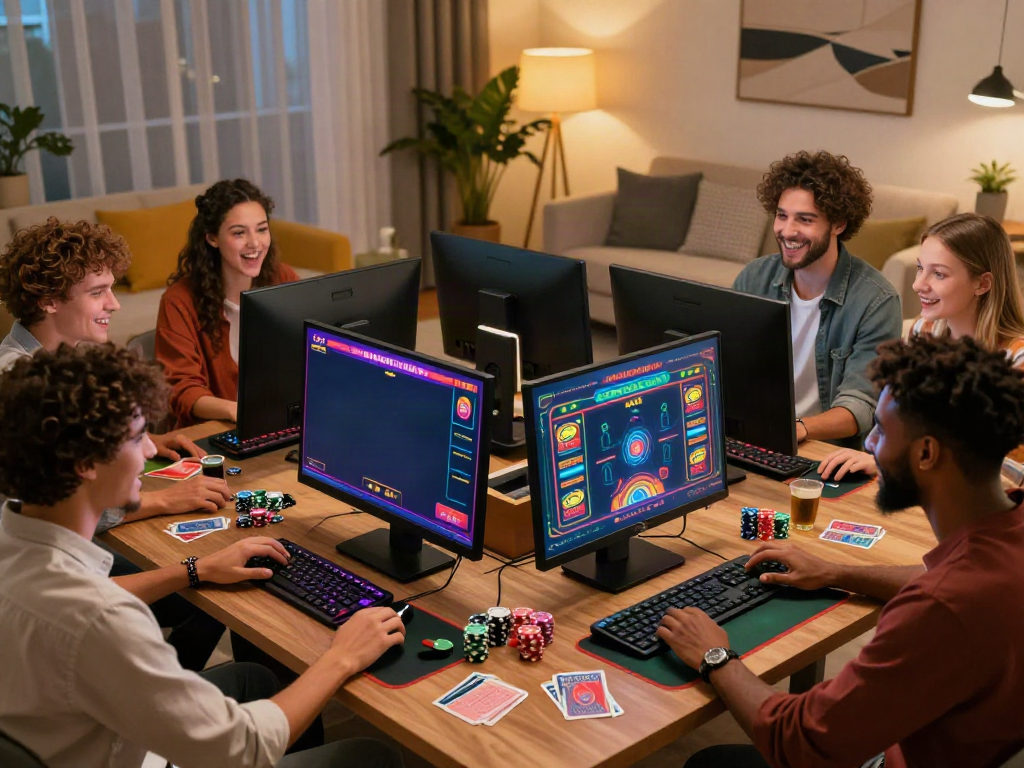 Friends enjoying games at a non GamStop casino, showcasing excitement and social interaction.