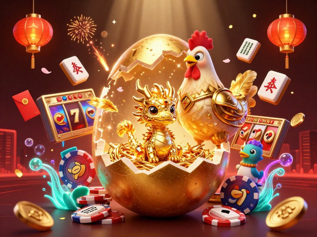 Experience the thrill of RICWIN with golden dragon, poker chips, and slot reels in an engaging casino scene.