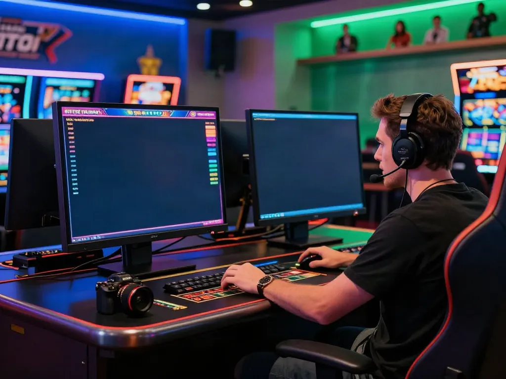 Engaging non GamStop casino scene with player at modern gaming setup.