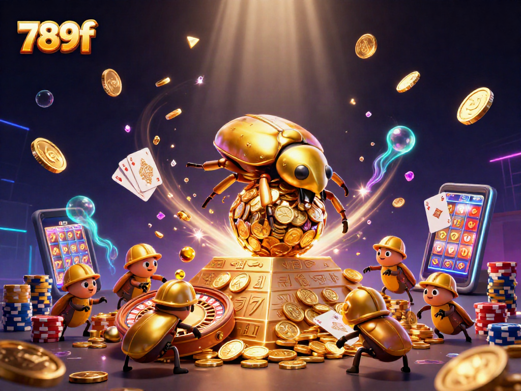 Experience thrilling moments at 789f with a golden beetle pushing a treasure of coins.