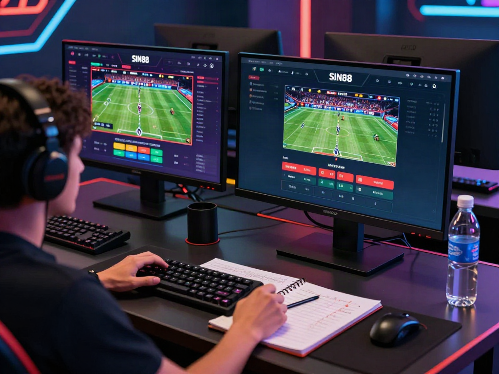 Player engaging with http://sin88-onl.com/ featuring sports betting and casino games in a modern gaming room.