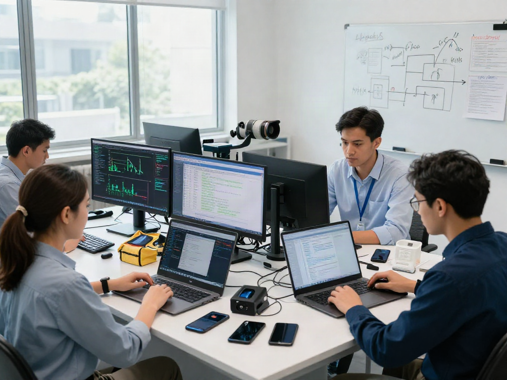 Digital forensic investigation team analyzing evidence in a modern lab environment.