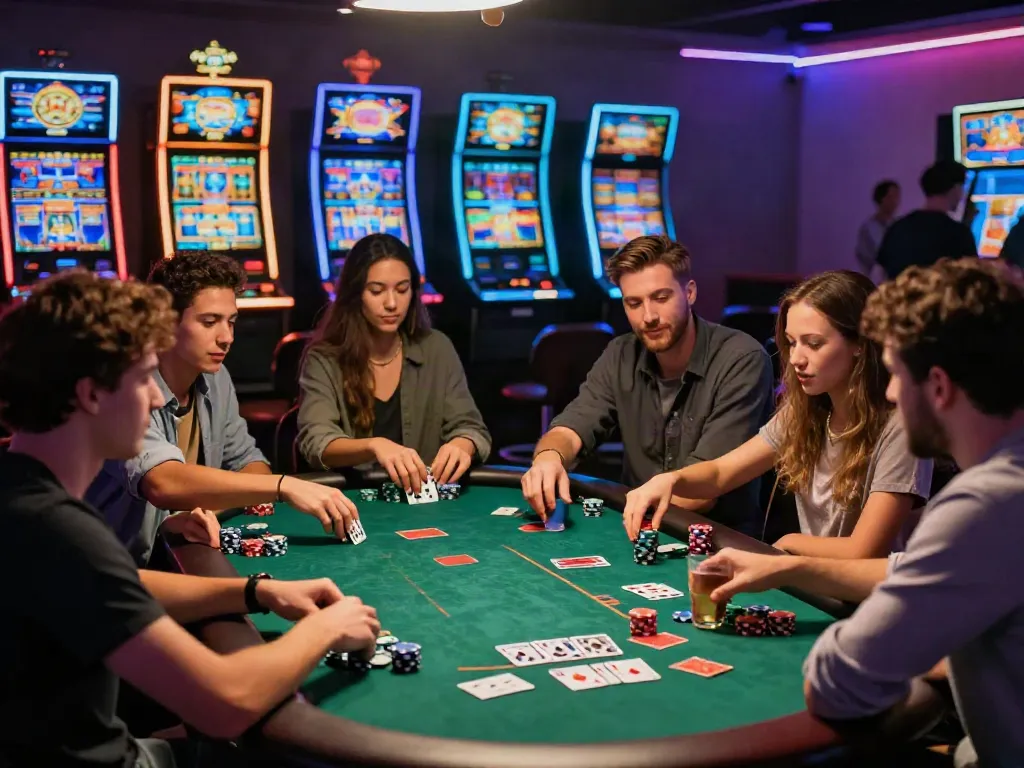 Exciting atmosphere at a non gamstop casino, friends celebrating while playing poker with vibrant neon lights.