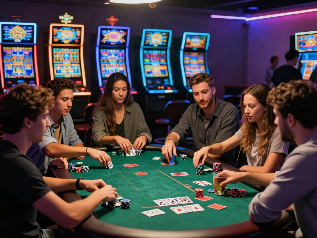 Exciting atmosphere at a non gamstop casino, friends celebrating while playing poker with vibrant neon lights.
