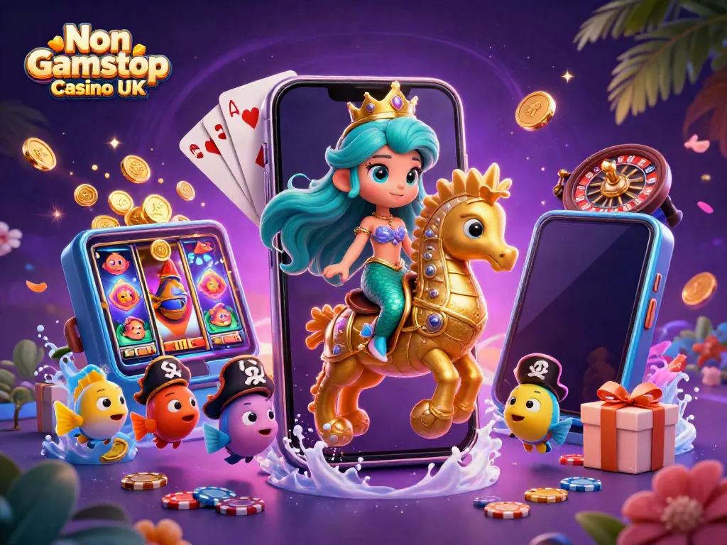 Experience the thrill of Non Gamstop Casino UK with a vibrant 3D illustration featuring a mermaid princess and casino elements.