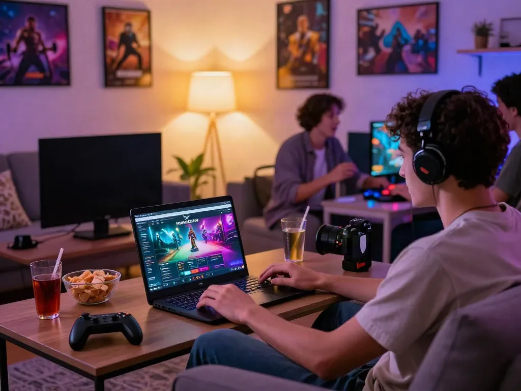 Engaging atmosphere of a non Gamstop casino gaming experience at home, with a focused player and vibrant graphics on screen.