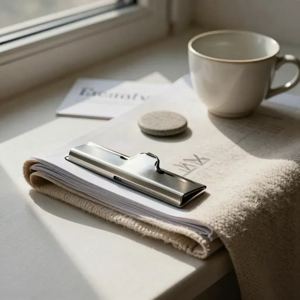 Valuation report in wool throw beside a turned cup on a pale ash window seat, softly lit