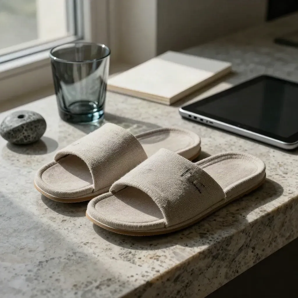 Oat-linen strategy bundle slides on limestone beside glass, stone, and a dark tablet.