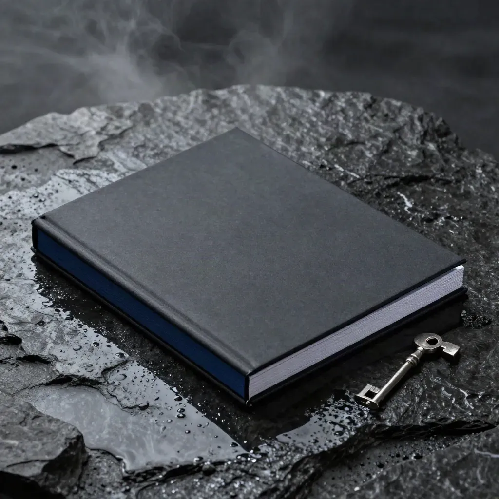 Valuation report folio on wet charcoal stone, lit by a hard side rim with water beads and mist.