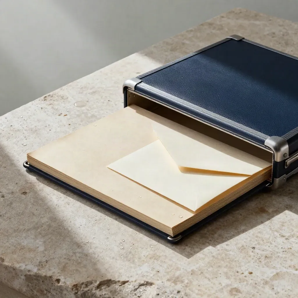 Unbranded UK equity research pack on rain-washed stone with booklet, envelope, and metal clip.