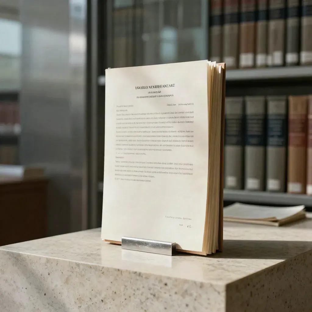 Valuation report stack in an archival sleeve with a slim packet behind on travertine, softly lit.