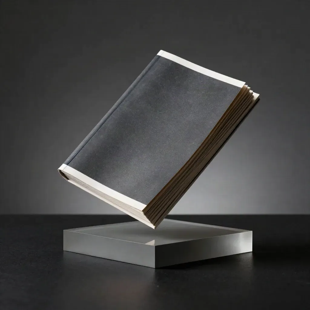 Suspended valuation report pack between acrylic blocks with a drifting paper sleeve on a dark studio surface.