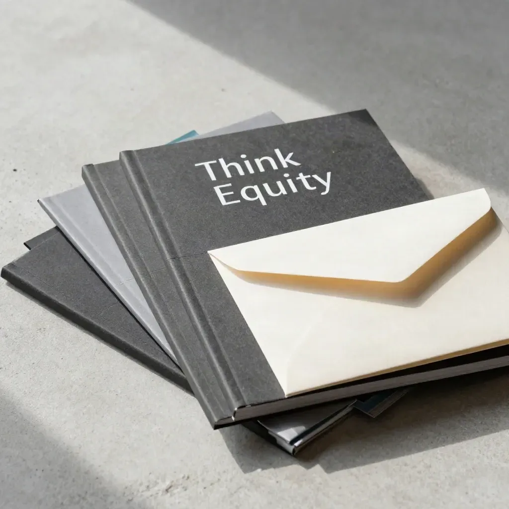 Overhead finance report stack, slim packet and sealed envelope on pale concrete.