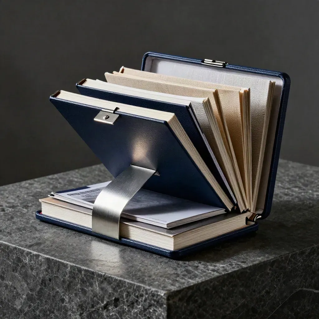 Open annual research bundle in a rigid box with four folios and two booklets on a dark stone plinth.