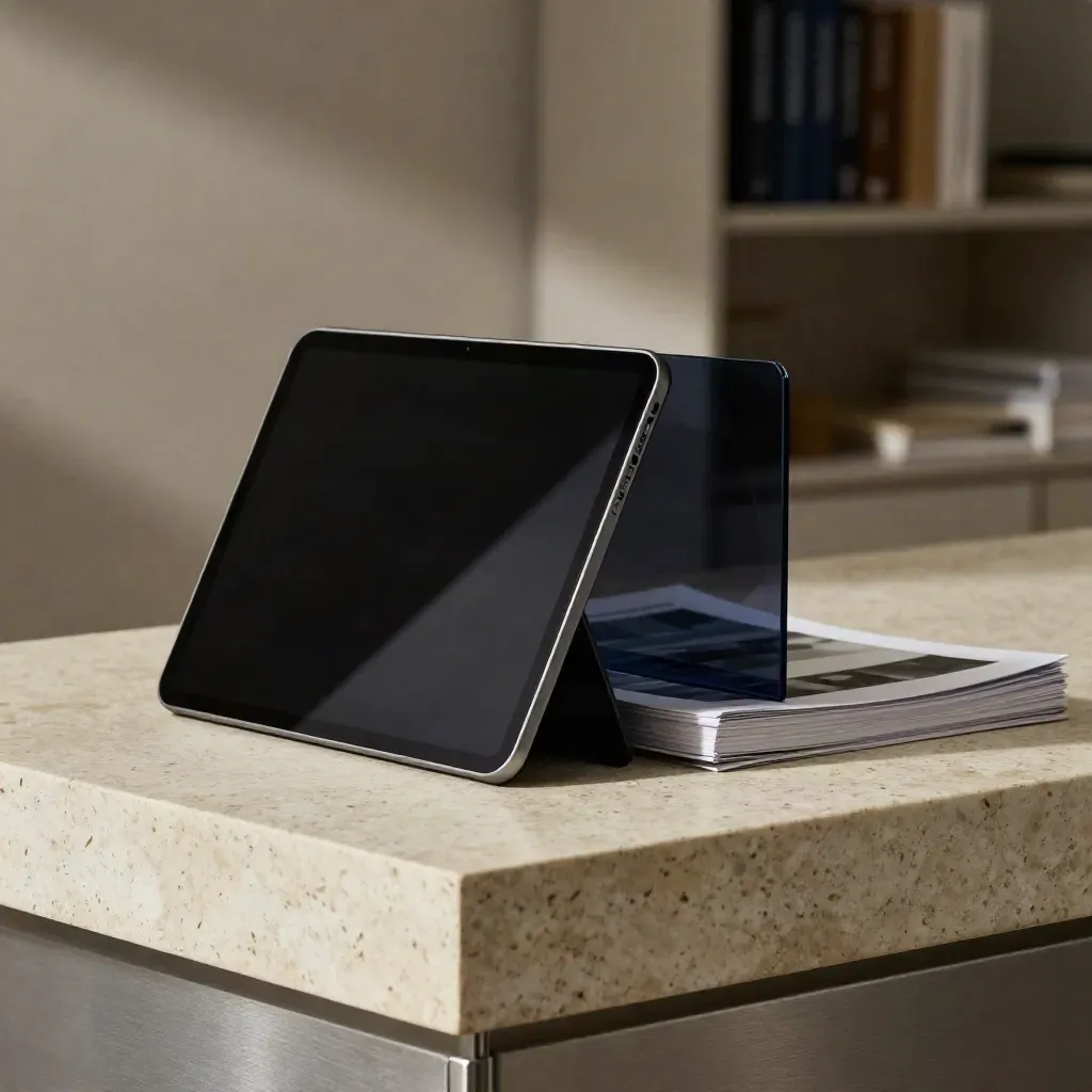Unbranded growth-screen pack beside a dark glass tablet and report stack on pale travertine.