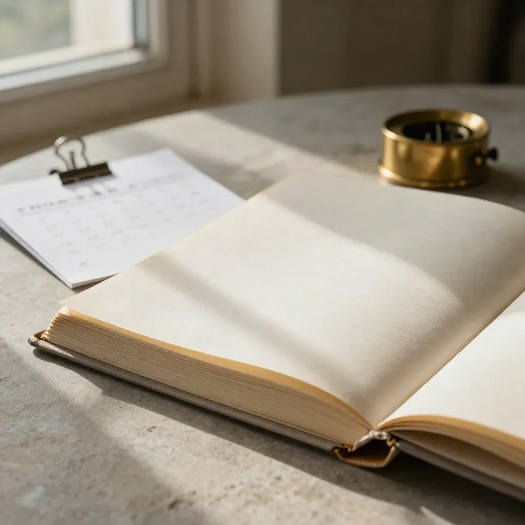 Macro folio with pale envelope, turned card and brass paperweight on a stone table.