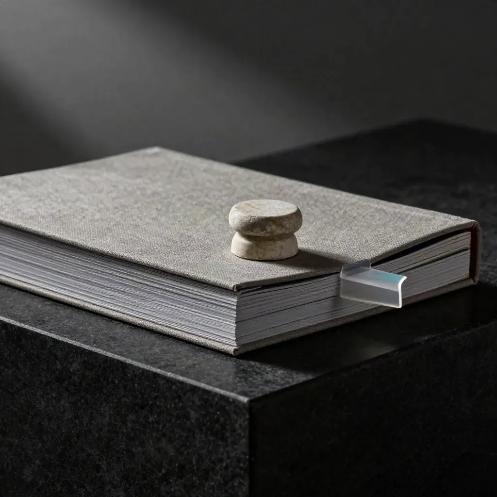 Grey research report pack with cloth wrap and stone stopper on a dark studio plinth.