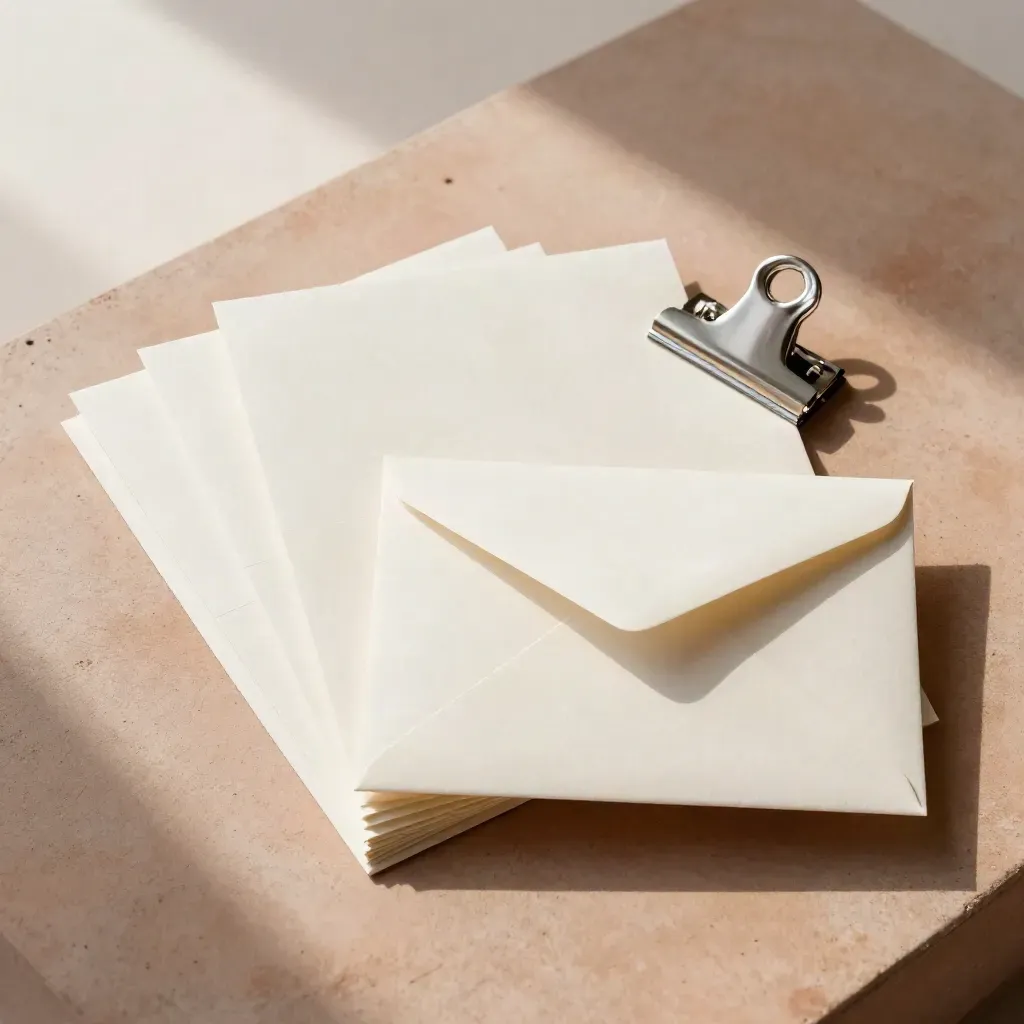 Top-down macro of an off-white valuation pack fanned open with silver clip on terracotta stone.