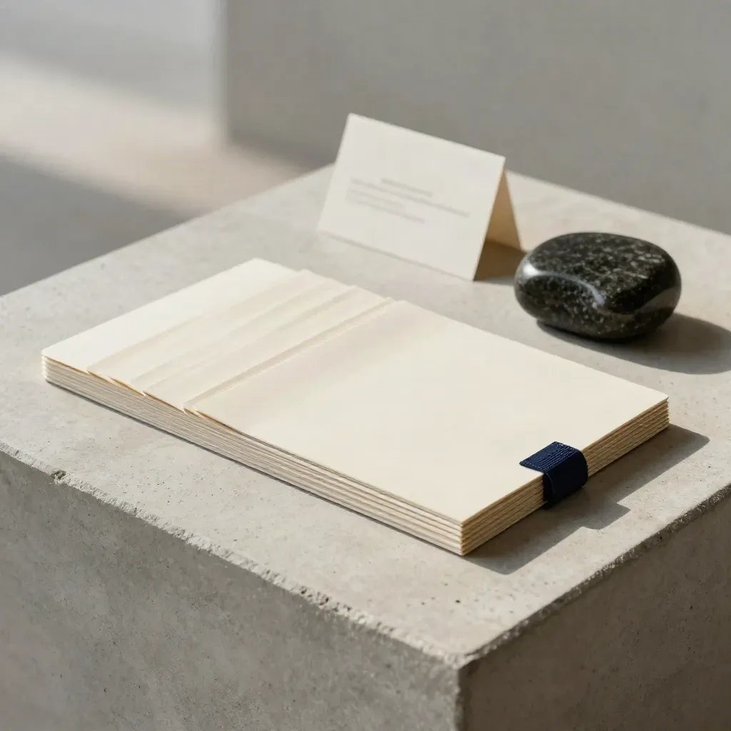 Eight watchlist card sleeves with stone paperweight on pale concrete, soft daylight.