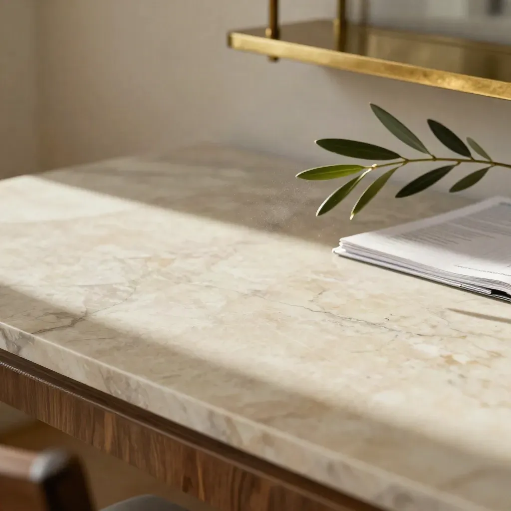 Sunlit cream marble backdrop with brass shelf edge and a leafy stem, calm copy space below.