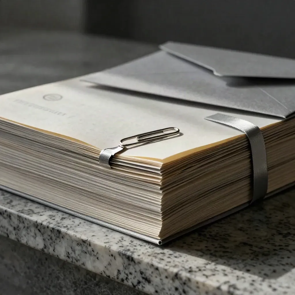Macro of broker note folios, silver ribbon marker, paper clip and grey envelope.