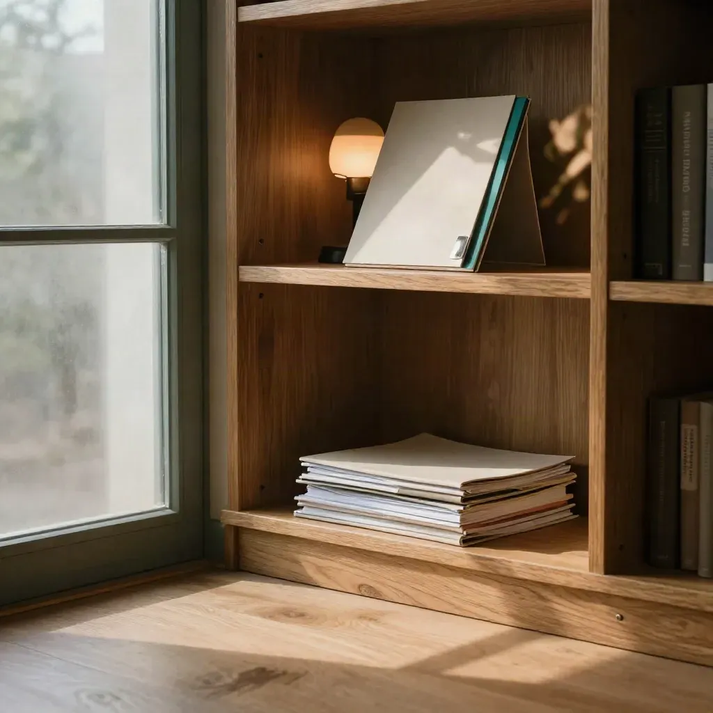 Oak library alcove with finance reports, frosted glass, lamp glow and a soft plant silhouette.
