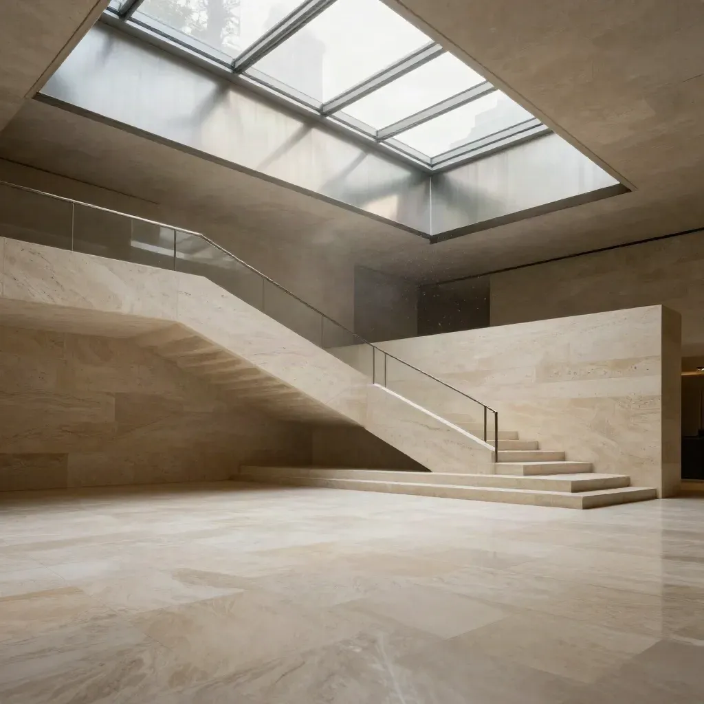 Sunlit pale stone atrium with skylight, metal rails, and a distant staircase in calm mist.